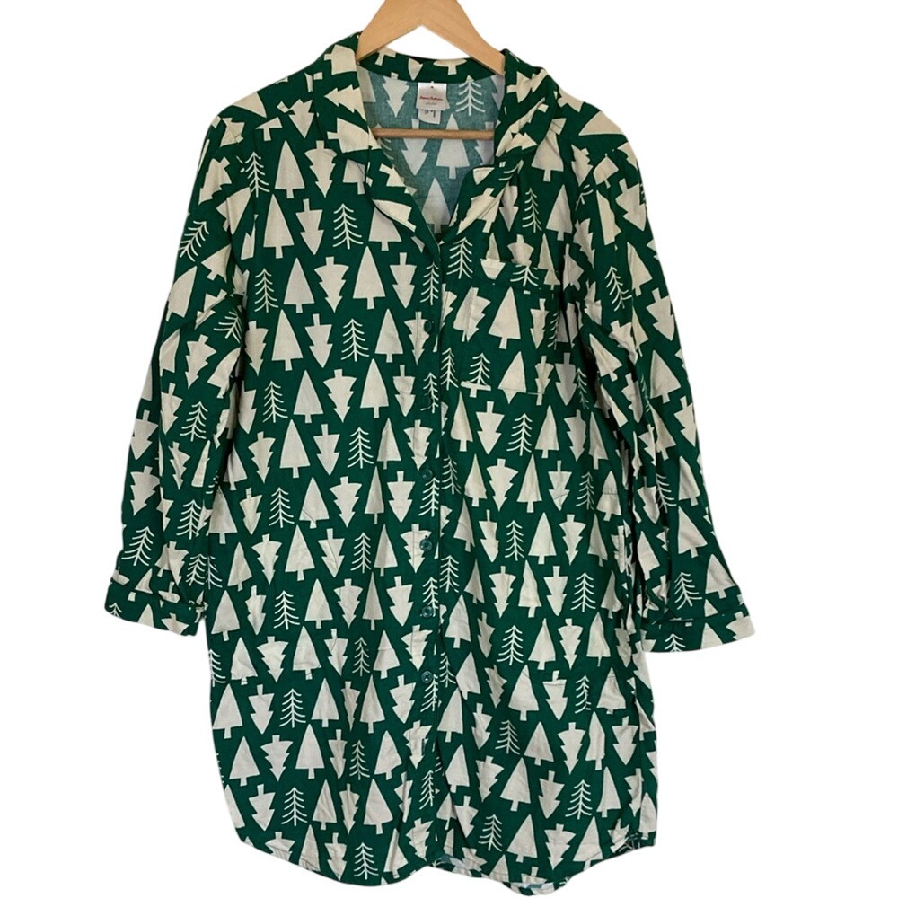Hannah Anderson‎ Womens Green White Tree Patterned Pajama Shirt Gown Size Medium
